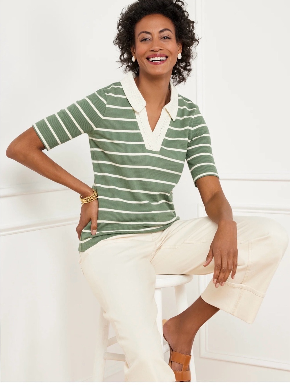 Talbots crotchet trim ladies green white stripe top blouse Sz XL petite